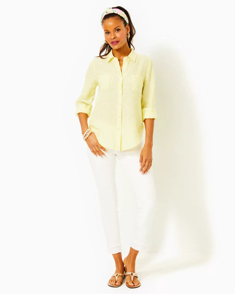 SEA VIEW BUTTON DOWN FINCH YELLOW YOU DRIVE ME DAISY EMBROIDERED LINEN