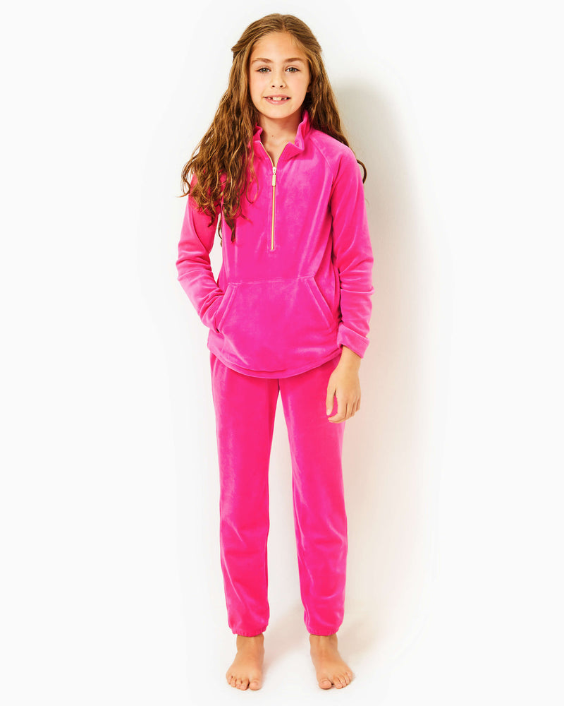
            
                Load image into Gallery viewer, GIRLS LITTLE SKIPPER RUFFLE VELOUR PULLOVER PINK PALMS
            
        