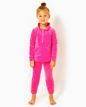 
            
                Load image into Gallery viewer, GIRLS LITTLE SKIPPER RUFFLE VELOUR PULLOVER PINK PALMS
            
        