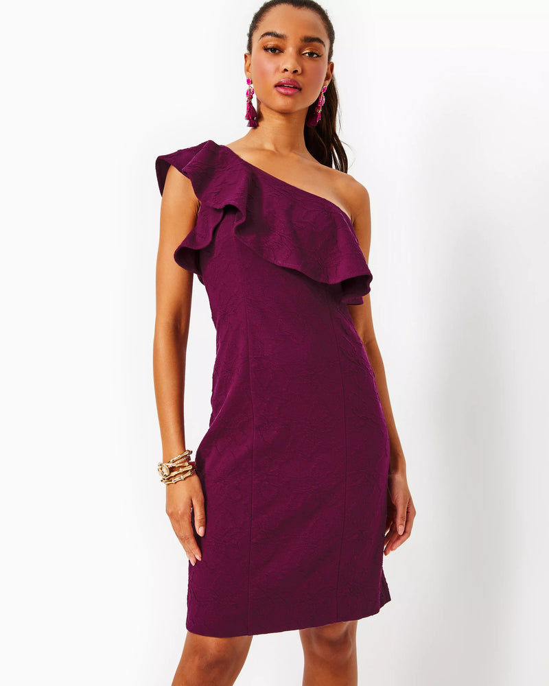 
            
                Load image into Gallery viewer, BORDEAUX ONE SHOULDER DRESS AMARENA CHERRY KNIT PUCKER JACQUARD
            
        