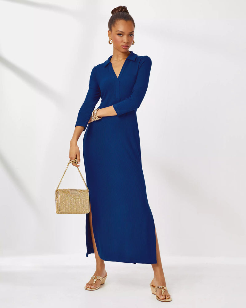 OLLIE 3/4 SLEEVE MAXI POLO DRESS BLUE MED