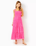 HADLY SMOCKED MAXI DRESS ROXIE PINK POLY CREPE SWIRL CLIP