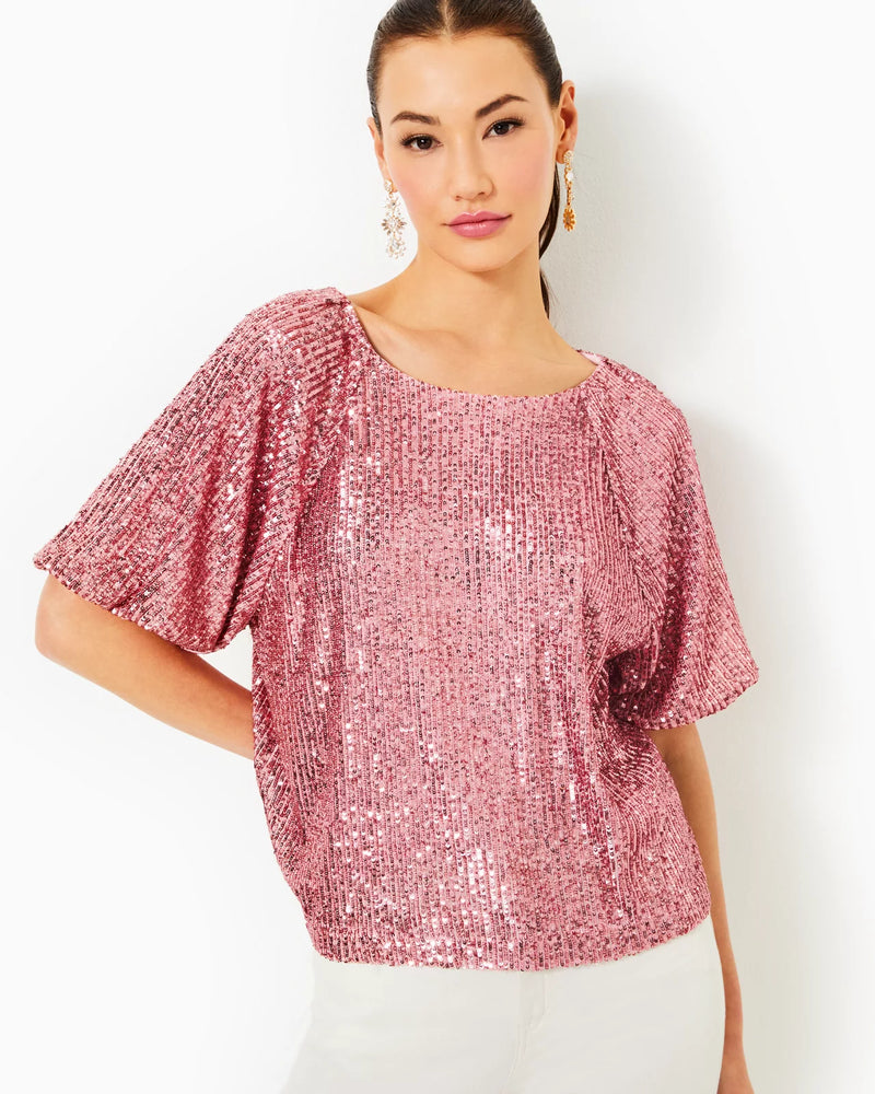 CRESSIDA KNIT TOP CONCH SHELL PINK TREASURE BOX SEQUIN KNIT