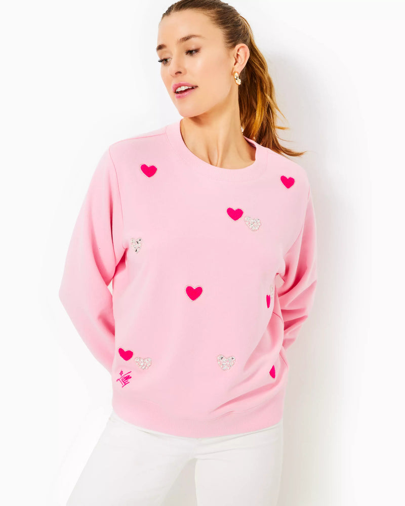 BALLAD LONG SLEEVE SWEATSHIRT CONCH SHELL PINK HEARTS EMBELLISHMENT