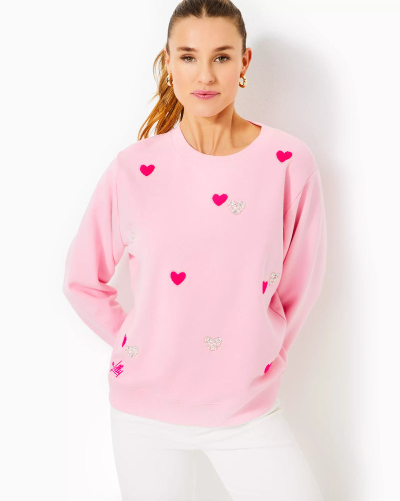 BALLAD LONG SLEEVE SWEATSHIRT CONCH SHELL PINK HEARTS EMBELLISHMENT