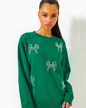 BALLAD LONG SLEEVE SWEATSHIRT FIDDLE LEAF GREEN BOW EMBELLISHMENT