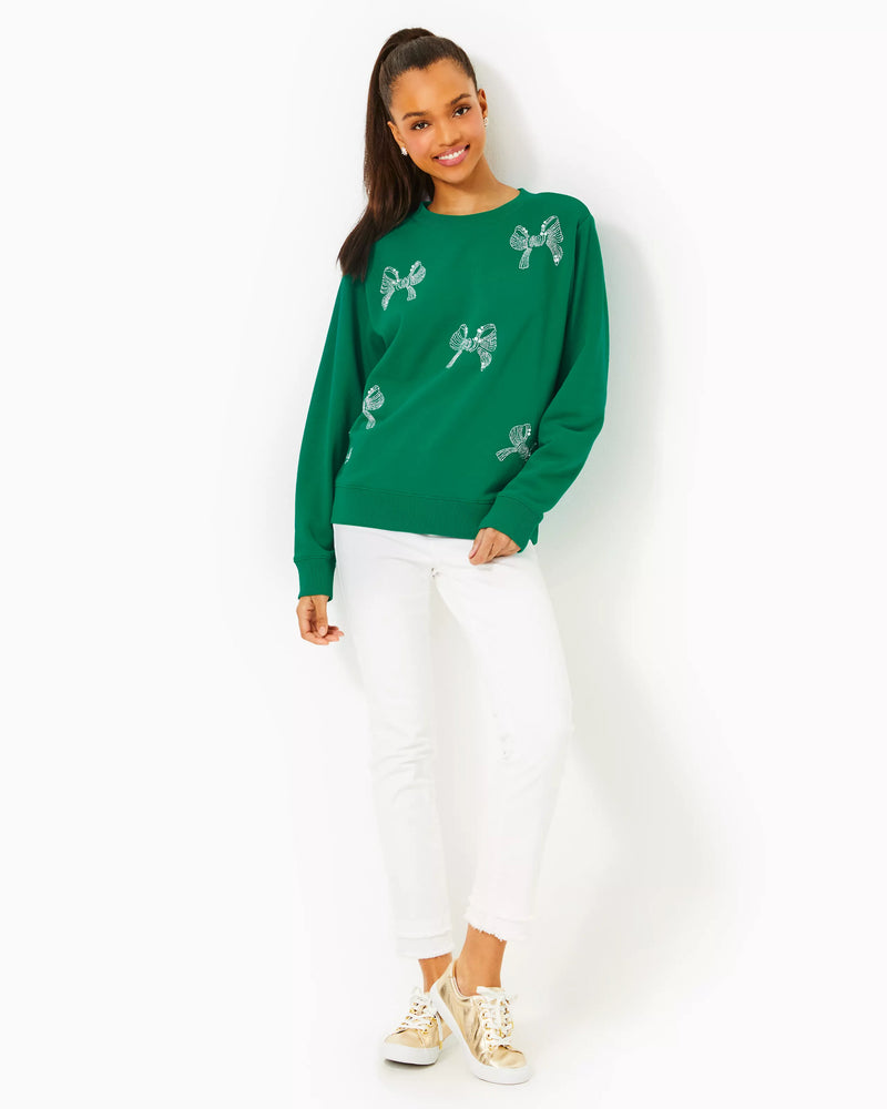 BALLAD LONG SLEEVE SWEATSHIRT FIDDLE LEAF GREEN BOW EMBELLISHMENT