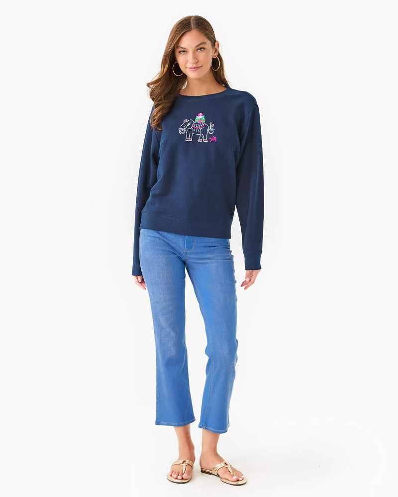 BALLAD LONG SLEEVE SWEATSHIRT LOW TIDE NAVY HOLIDAY ELEPHANT EMBROIDERY