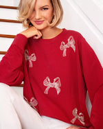 BALLAD LONG SLEEVE SWEATSHIRT MALBEC RED BOW EMBELLISHMENT