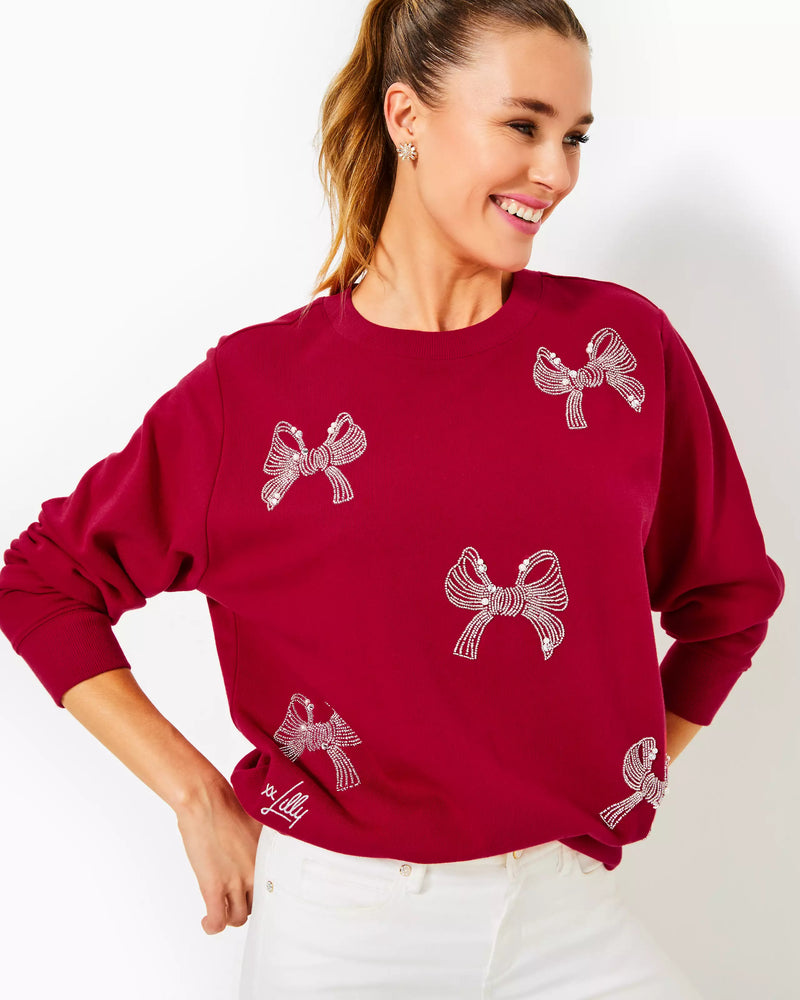 BALLAD LONG SLEEVE SWEATSHIRT MALBEC RED BOW EMBELLISHMENT