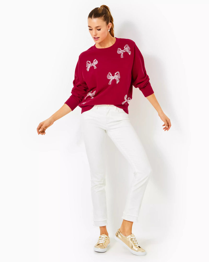 BALLAD LONG SLEEVE SWEATSHIRT MALBEC RED BOW EMBELLISHMENT