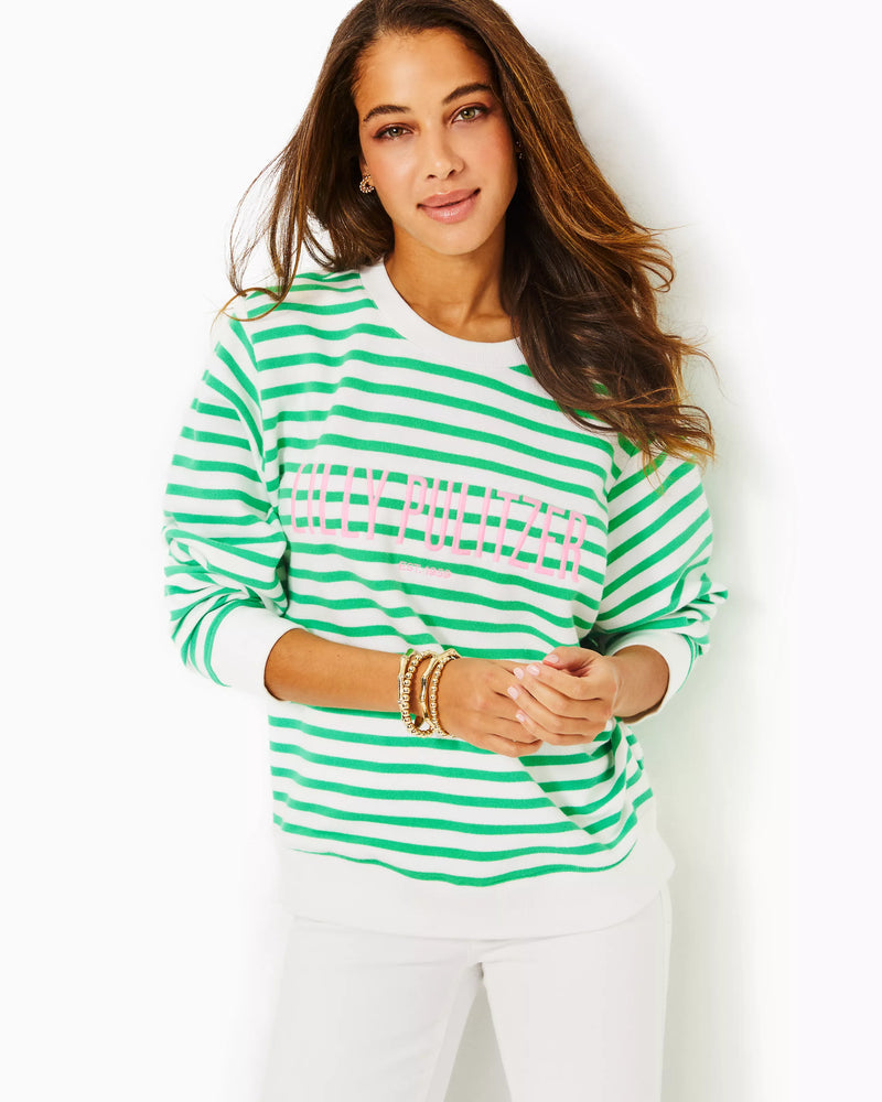 BALLAD LONG SLEEVE SPEARMINT STRIPED LILLY PULITZER EMBROIDERED SWEATSHIRT