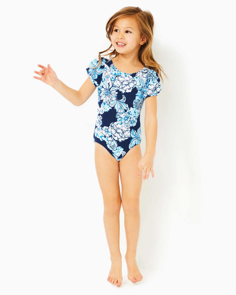 
            
                Load image into Gallery viewer, GIRLS WATERFALL ONE-PIECE SWIMSUIT LOW TIDE NAVY BOUQUET ALL DAY SWIM
            
        