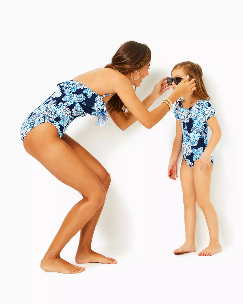 
            
                Load image into Gallery viewer, GIRLS WATERFALL ONE-PIECE SWIMSUIT LOW TIDE NAVY BOUQUET ALL DAY SWIM
            
        