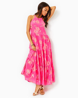 
            
                Load image into Gallery viewer, BECCALYN HALTER DRESS ROXIE PINK ANNIVERSARY SILK CLIP
            
        
