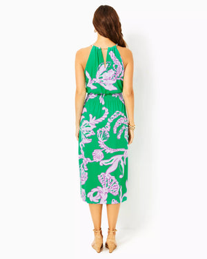 GRACELYN HALTER MIDI DRESS BRAZILIAN GREEN SALTY SANDBAR OVERSIZED ENIGINEERED