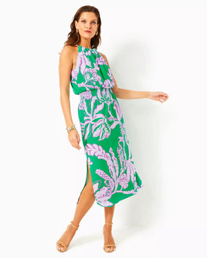 GRACELYN HALTER MIDI DRESS BRAZILIAN GREEN SALTY SANDBAR OVERSIZED ENIGINEERED