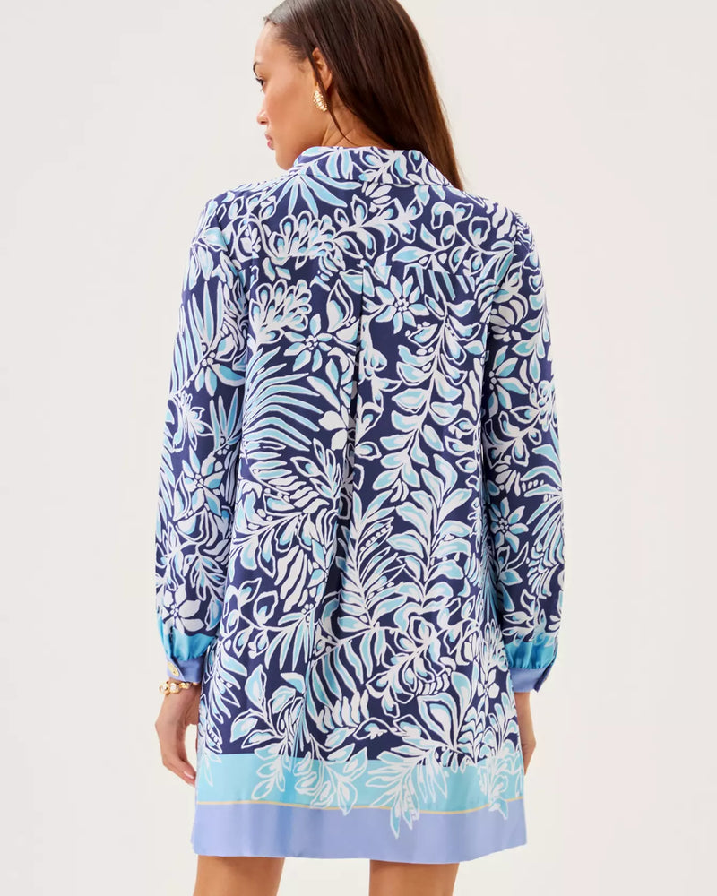 IRALANNE LONG SLEEVE POPOVER DRESS SAPPHIRE POOL SUMMER SHORELINES ENGINEERED