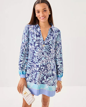 IRALANNE LONG SLEEVE POPOVER DRESS SAPPHIRE POOL SUMMER SHORELINES ENGINEERED