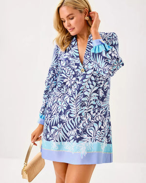 IRALANNE LONG SLEEVE POPOVER DRESS SAPPHIRE POOL SUMMER SHORELINES ENGINEERED