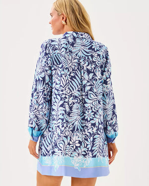 IRALANNE LONG SLEEVE POPOVER DRESS SAPPHIRE POOL SUMMER SHORELINES ENGINEERED