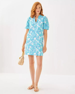 MIALEIGH ELBOW SLEEVE LINEN DRESS JACARANDA BLUE SIMPLY THE ZEST