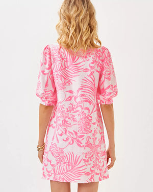 MIALEIGH ELBOW SLEEVE LINEN DRESS ROUSSEAU PINK GLISTEN IN THE SUN