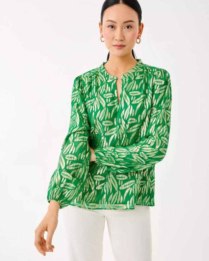 GIANA LONG SLEEVE SILK TOP BAMBOO GREEN LEAFY BABE METALLIC SILK CLIP