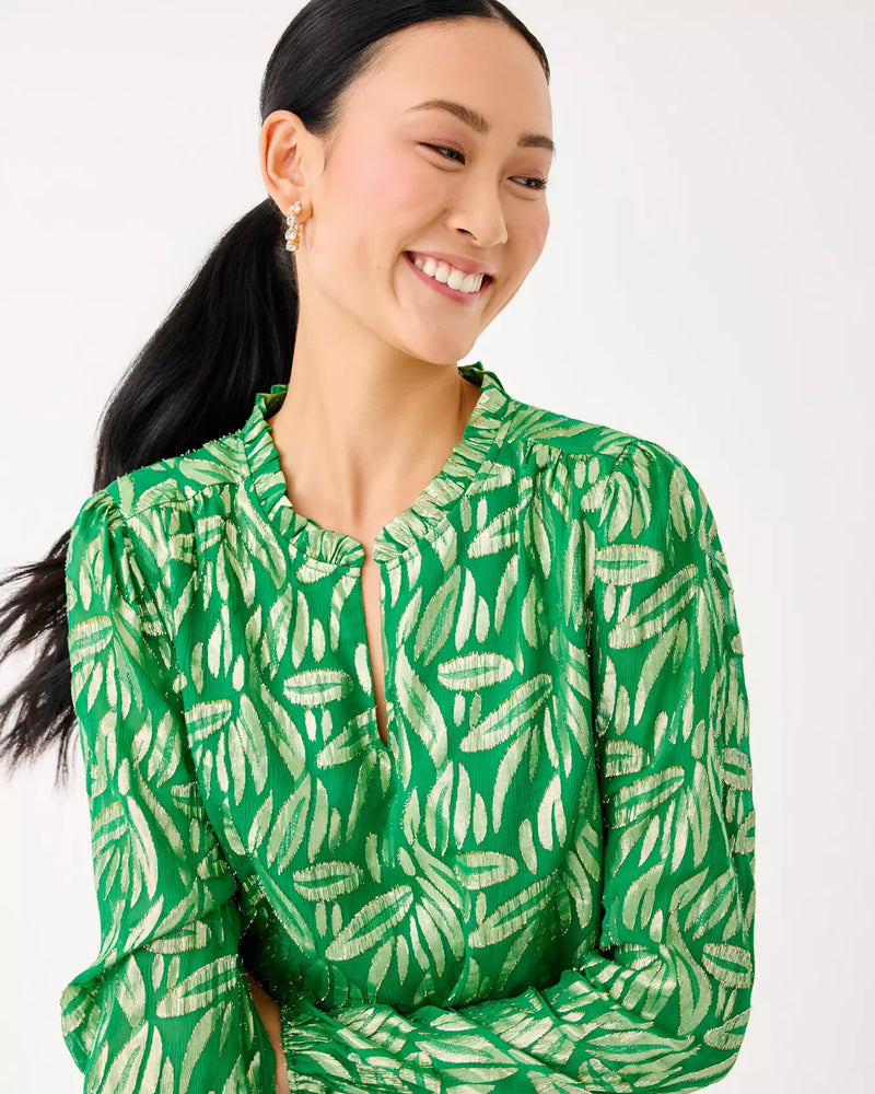 GIANA LONG SLEEVE SILK TOP BAMBOO GREEN LEAFY BABE METALLIC SILK CLIP