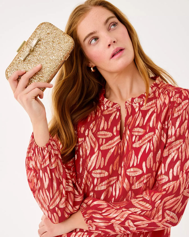 GIANA LONG SLEEVE SILK TOP CRANBERRY RED LEAFY BABE METALLIC SILK CLIP