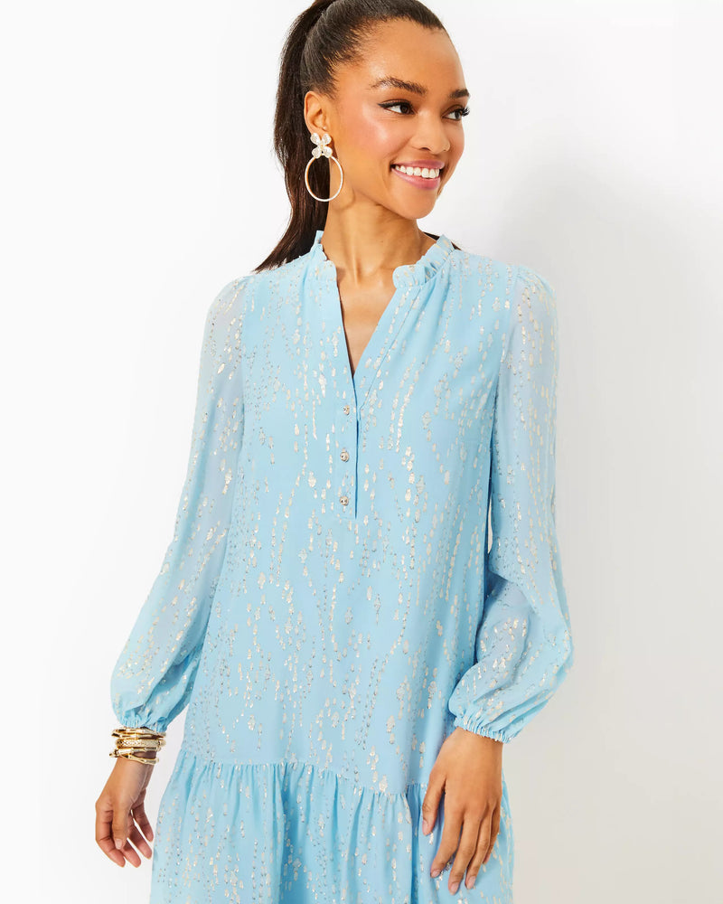 EVALINE SILK DRESS BONAIRE BLUE FISH CLIP CHIFFON