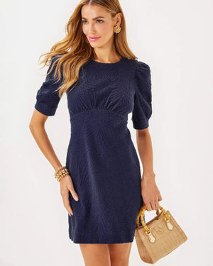 KIELY DRESS TRUE NAVY LEAFY KNIT PUCKER JACQUARD