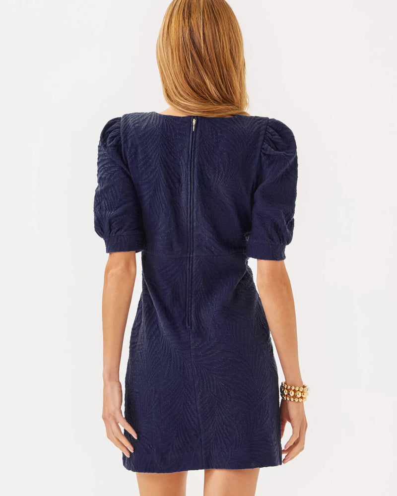 KIELY DRESS TRUE NAVY LEAFY KNIT PUCKER JACQUARD