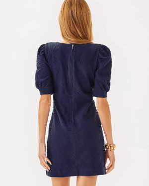 KIELY DRESS TRUE NAVY LEAFY KNIT PUCKER JACQUARD