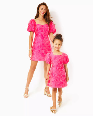 GIRLS ALANNAH DRESS PASSION FRUIT PINK LEAF AN IMPRESSION JACQUARD