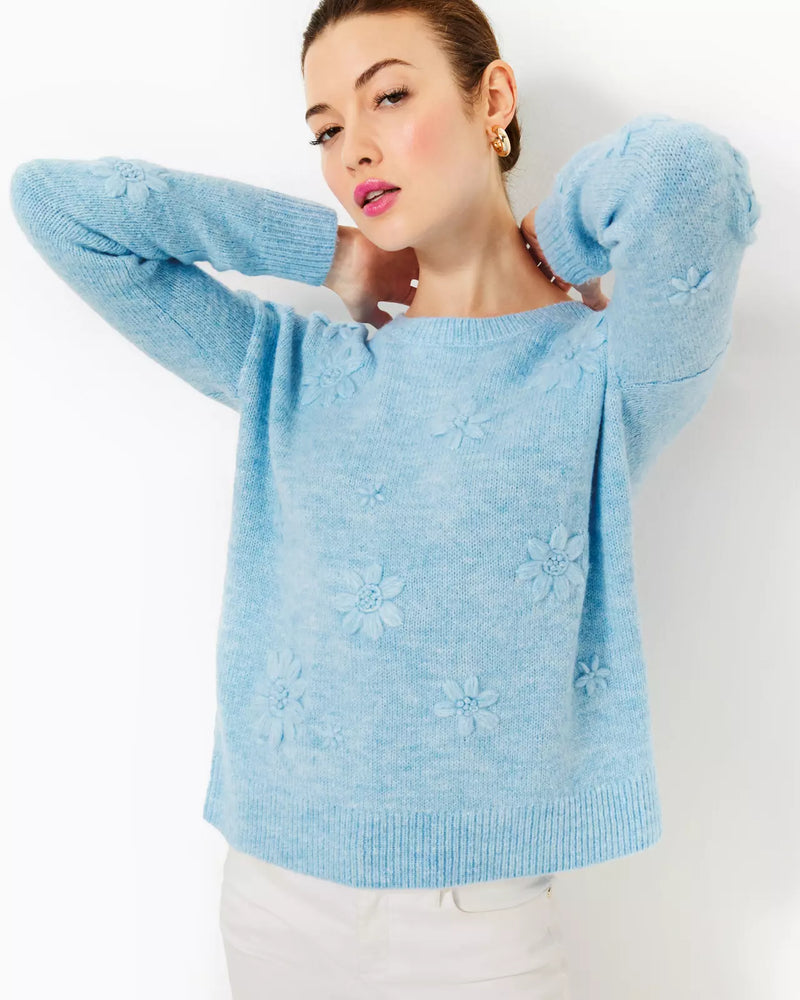 ELIZABELLE SWEATER HEATHERED BONAIRE BLUE COASTAL FLOWERS