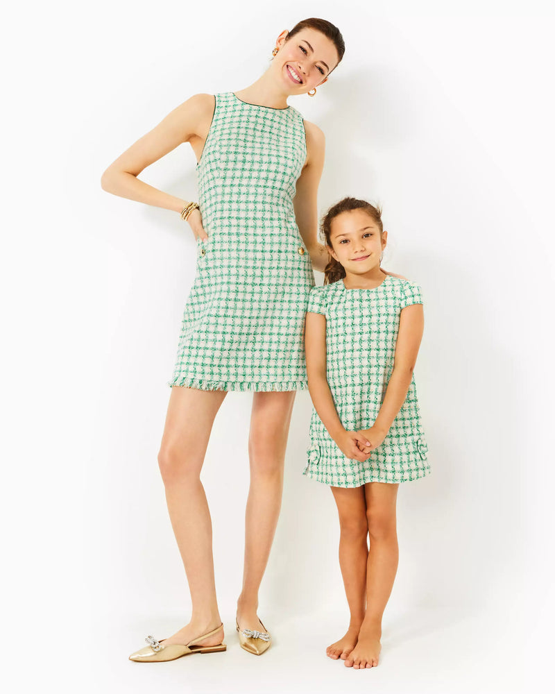 GIRLS LITTLE LILLY SHORT SLEEVE SHIFT DRESS FIDDLE LEAF GREEN WINDOWPANE BOUCLE