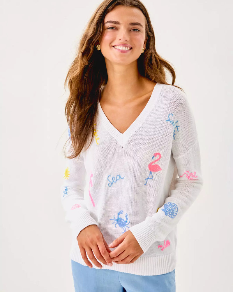 TENSLEY SWEATER RESORT WHITE SUMMER SERENADE EMBROIDERY
