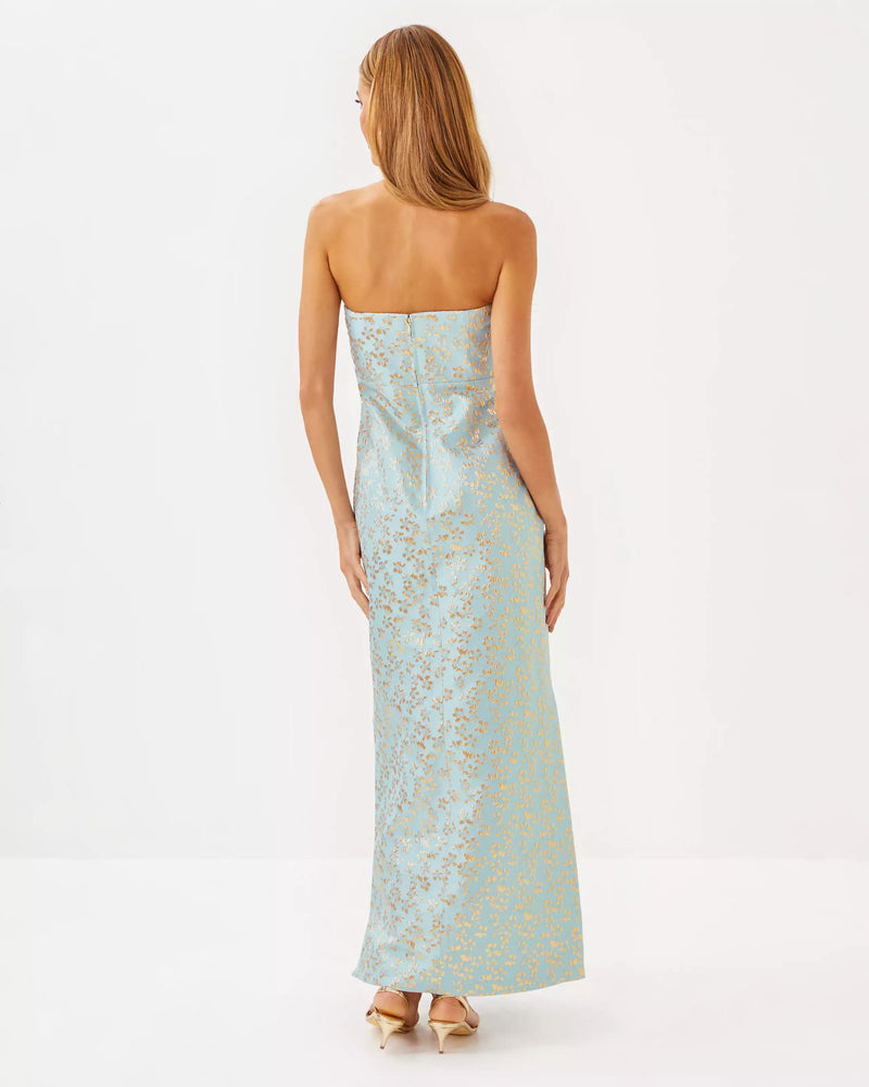 CARLYNN MAXI DRESS BLUETTE DITSY DAISY METALLIC BROCADE