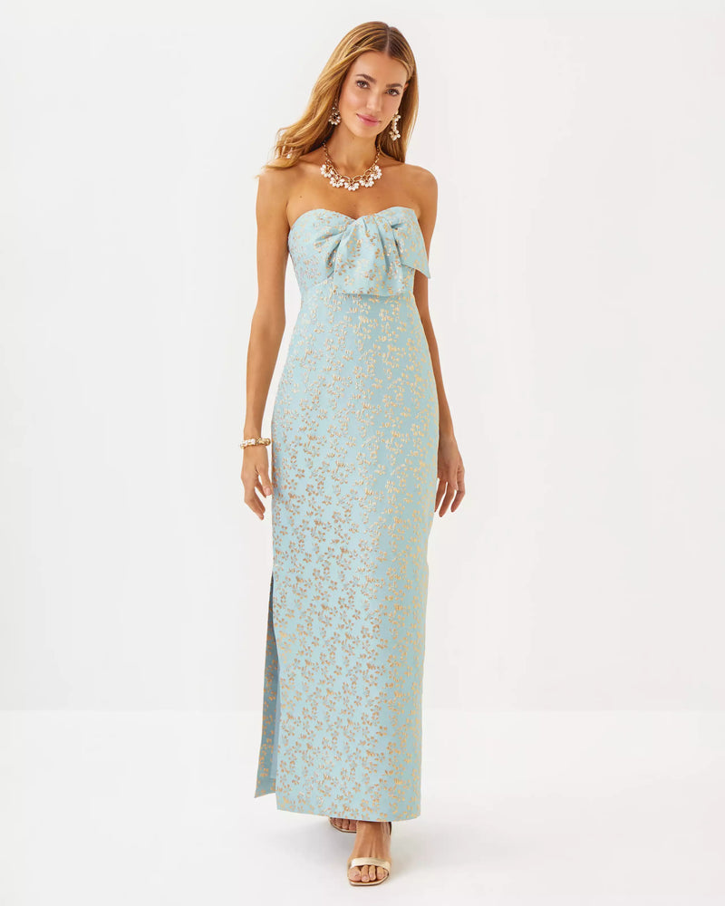 CARLYNN MAXI DRESS BLUETTE DITSY DAISY METALLIC BROCADE