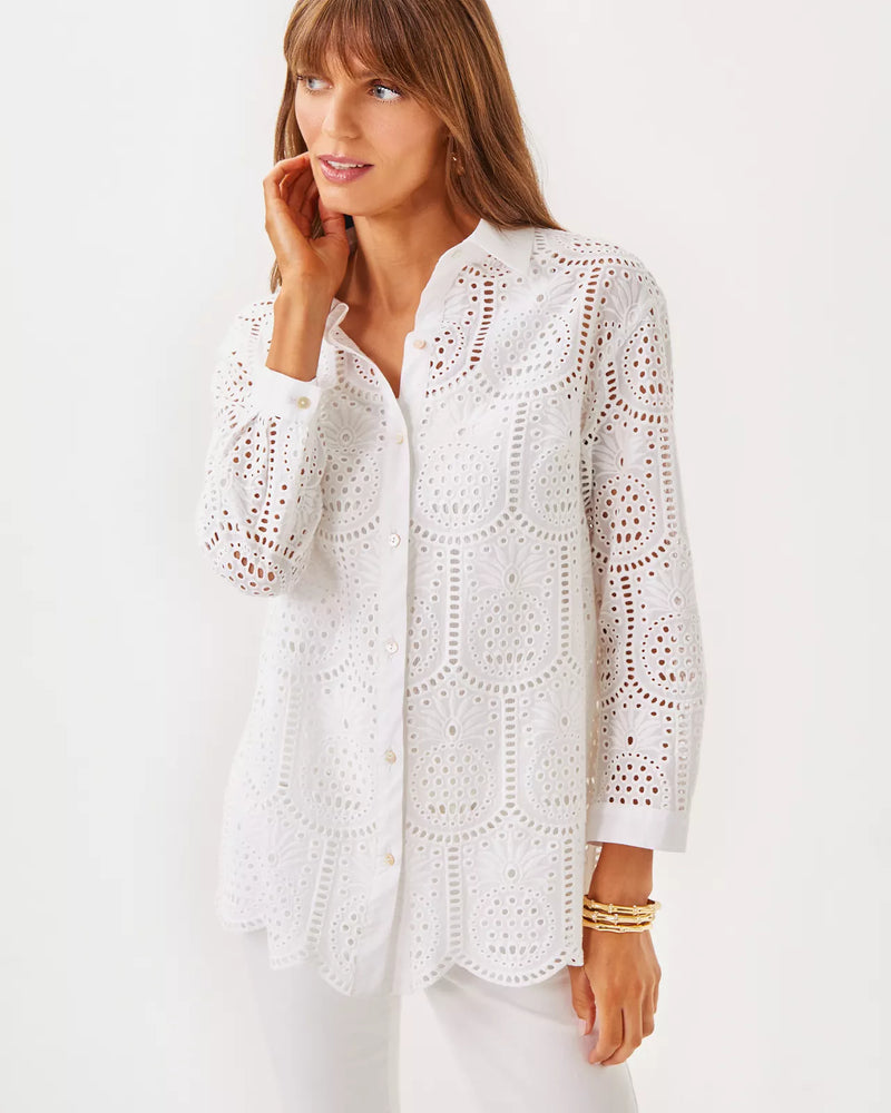 GRACEE TUNIC RESORT WHITE PINEAPPLE TILE EYELET