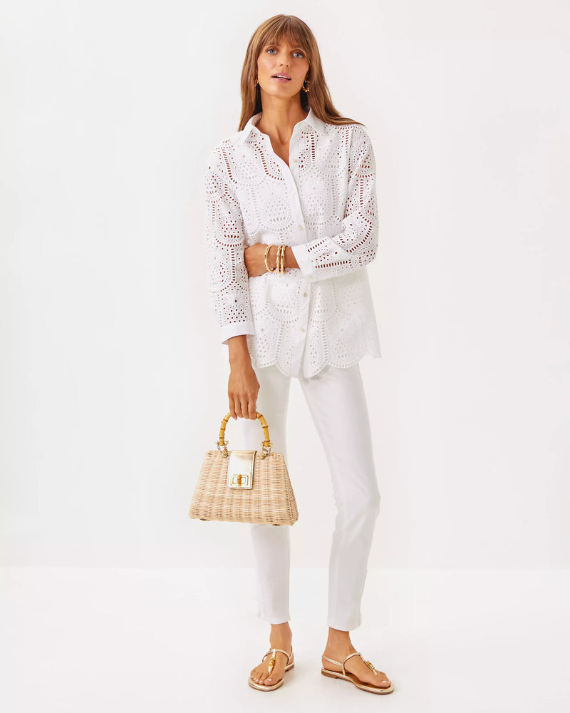 GRACEE TUNIC RESORT WHITE PINEAPPLE TILE EYELET