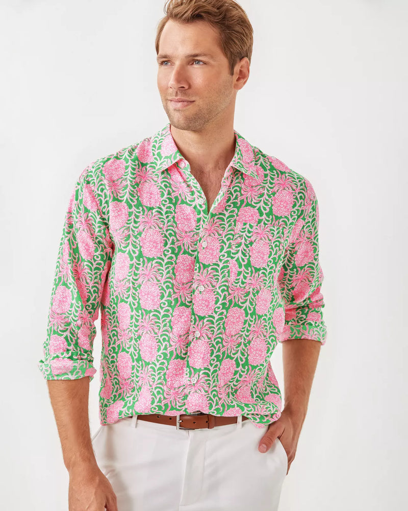 MENS STUFF ADDISON SHIRT FAUNA GREEN PARTY LIKE A PINEAPPLE