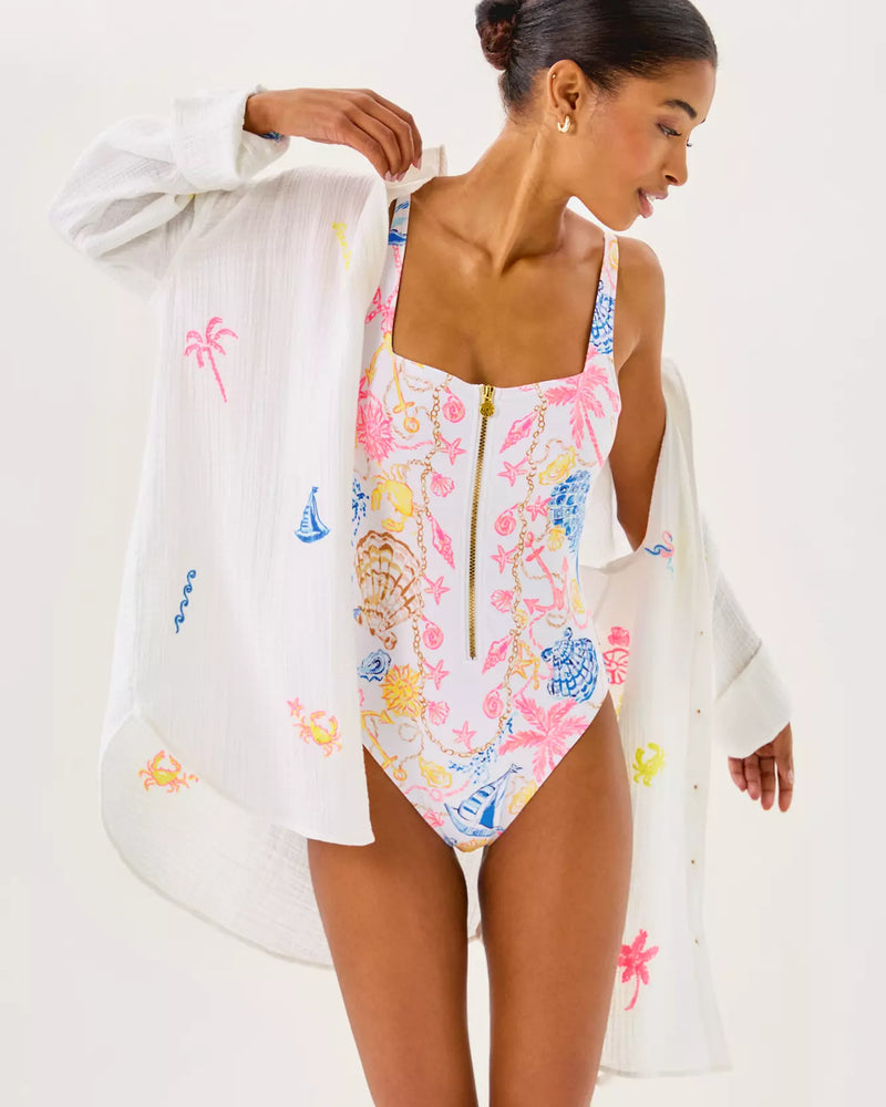 KWITNEY EMBROIDERED LONG SLEEVE COVERUP RESORT WHITE BEACHCOMBER EMBROIDERY