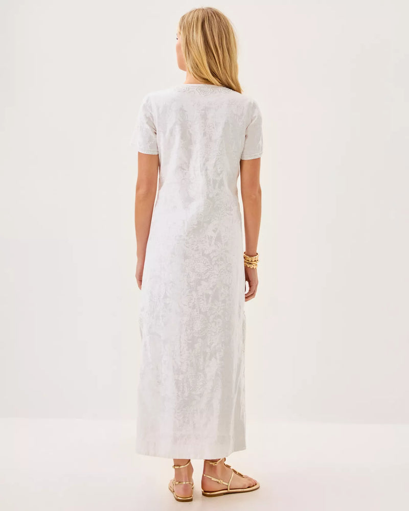 ARIELLA LINEN MAXI DRESS RESORT WHITE CATCHIN RAYS OVERPRINT