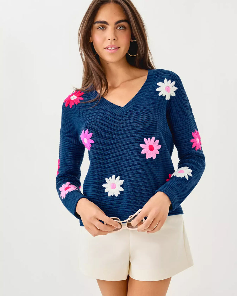 TENSLEY SWEATER STARLIGHT NAVY GARDEN OASIS EMBROIDERY