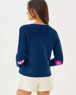 TENSLEY SWEATER STARLIGHT NAVY GARDEN OASIS EMBROIDERY