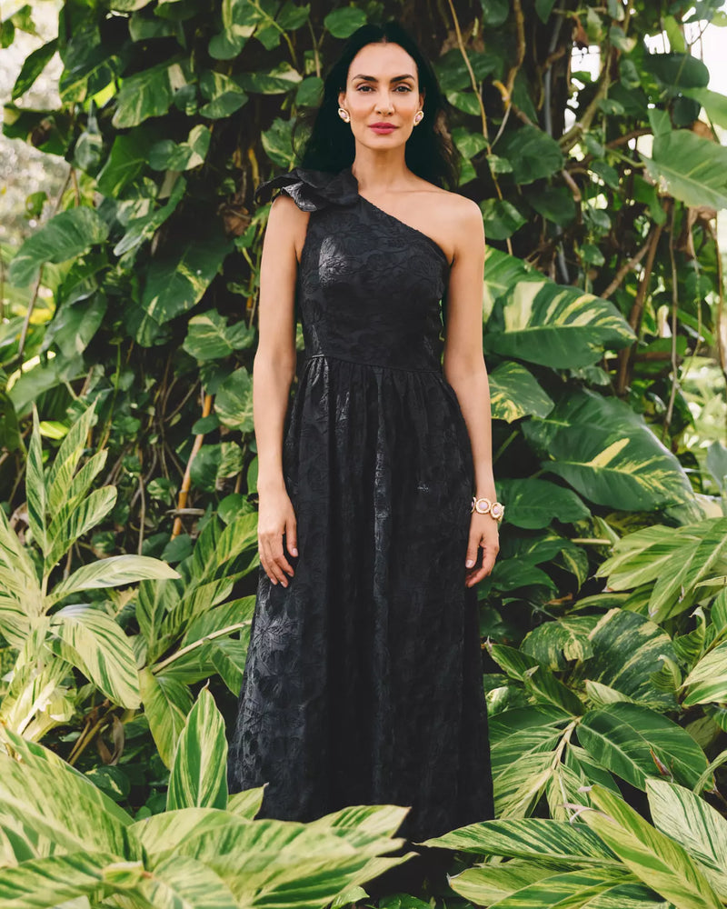 LYNSI MIDI DRESS NOIR SUNSET BLOOM EMBROIDERED ORGANZA