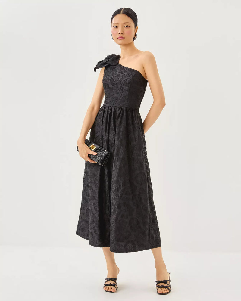 LYNSI MIDI DRESS NOIR SUNSET BLOOM EMBROIDERED ORGANZA