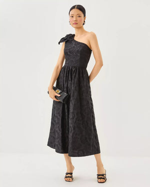 LYNSI MIDI DRESS NOIR SUNSET BLOOM EMBROIDERED ORGANZA